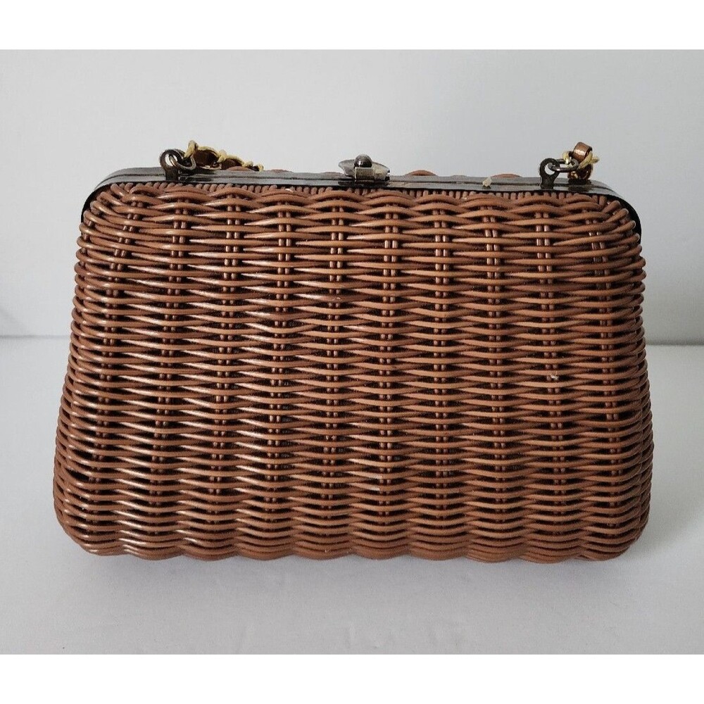 Vintage Tandem Faux Straw Bag Crossbody Purse Chain Strap Brown Gold Retro - Picture 8 of 16